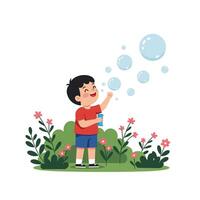 Boy blowing bubbles in a garden surrounded by colorful flowers in flat art vector