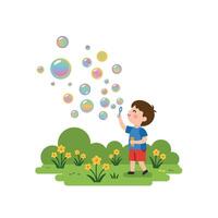 Young boy blowing bubbles in a colorful, flat, minimalist illustration vector