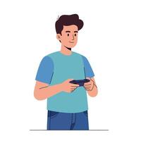 Young man playing game console in flat minimal art vector