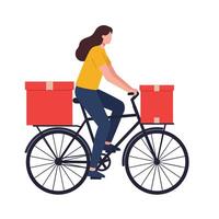 Woman riding bicycle with red boxes in flat art style vector