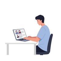 Person using laptop to view profiles in a flat illustration vector