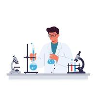 Scientist conducting experiments in a laboratory with flat design illustration vector