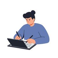 Person using digital tablet for creative work in flat art vector