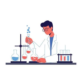 Scientist conducting experiments with colorful liquids in flat art vector