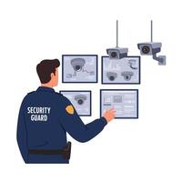 Security guard monitoring surveillance cameras in flat art style illustration vector