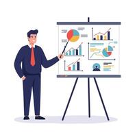 Businessman presenting data with graphs and charts in flat illustration vector