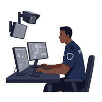 Security officer monitoring screens in flat minimal art illustration vector