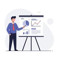 Businessman presenting data analysis on a flip chart in flat art vector