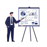 Businessman presenting data analysis on a chart in flat art vector