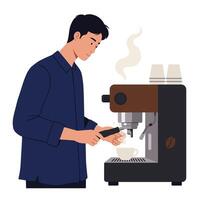 Barista preparing coffee with espresso machine in flat design art vector