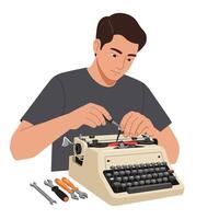 Man repairing typewriter with tools in flat illustration style vector