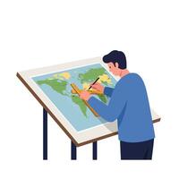 Man creating a detailed map illustration with flat design style in art vector