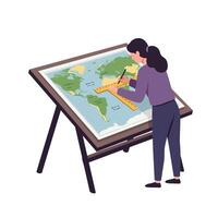 Person using a ruler to design a world map in flat art vector