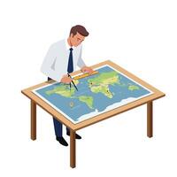 Man analyzing world map with ruler in flat art illustration vector
