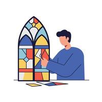 Man creating colorful stained glass window in flat art style vector