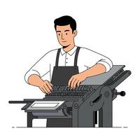 Printing press operator adjusting typesetting in flat art illustration vector
