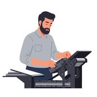 Man using vintage typewriter in flat design style art vector