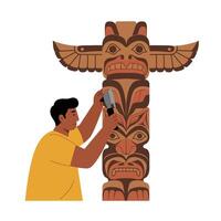 Artisan carving intricate details on totem pole in flat art style vector