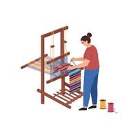 Weaver at Loom Creating Colorful Fabric Design in Flat Art vector