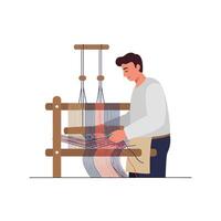 Man weaving fabric using a loom in flat art style vector