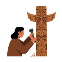 Artisan carving intricate designs on a wooden totem in detailed art vector