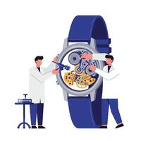 Watch repair process illustrated in flat style art showing technicians working on timepiece details vector