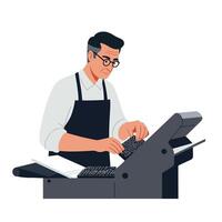 Man operating a printing press in a flat style illustration vector