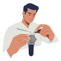 Watchmaker repairing timepiece with tools in flat design illustration vector