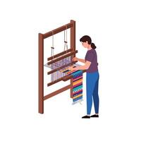 Weaver creating colorful fabric on loom in flat design art vector