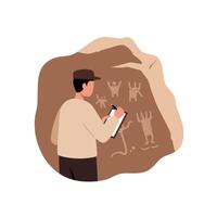 Researcher studying ancient cave art in a flat minimal illustration vector