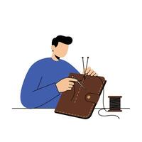 Man sewing leather with needle and thread in minimal art vector