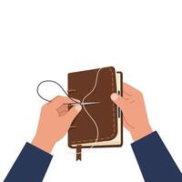 Hands stitching a notebook cover in a flat minimal illustration vector