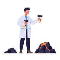 Scientist examining volcanic rocks in flat art style with tools and lava vector