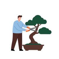 Man trimming bonsai tree in flat design style art vector