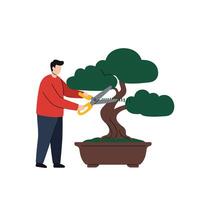 Man carefully pruning a bonsai tree in a minimal flat illustration vector