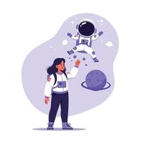 Astronaut floating in space with girl reaching out in minimal illustration vector