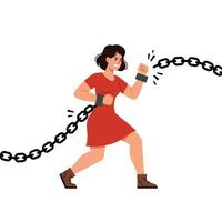 Strong woman breaking free from chains in minimal flat art vector