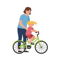 Child learning to ride a bicycle with parent guidance in flat art vector