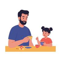 Father and daughter enjoying tea time in colorful flat art vector
