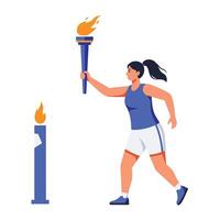 Woman carrying a flaming torch in motion with flat design style art vector