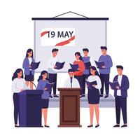 Group of people presenting at an event in flat illustration style art vector