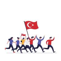 People marching enthusiastically with flags in a flat and colorful illustration vector