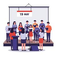Group of singers performing on stage with a calendar date in flat illustration vector