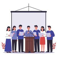 Group of people presenting at a podium in flat art illustration vector