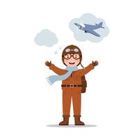 Happy child in pilot costume with dream airplane in thought flat art vector