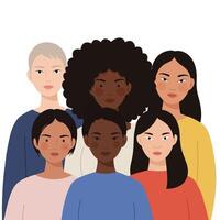 Group of diverse women in flat style showcasing unity and strength illustration vector