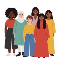 Diverse group of women showcasing unity in flat art style vector