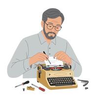 Man repairing a vintage typewriter in a flat illustration style vector