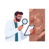 Scientist examining ancient cave drawings in minimal flat art vector