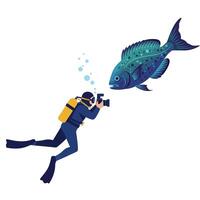 Diver capturing an underwater photograph of a colorful fish in minimal illustration vector